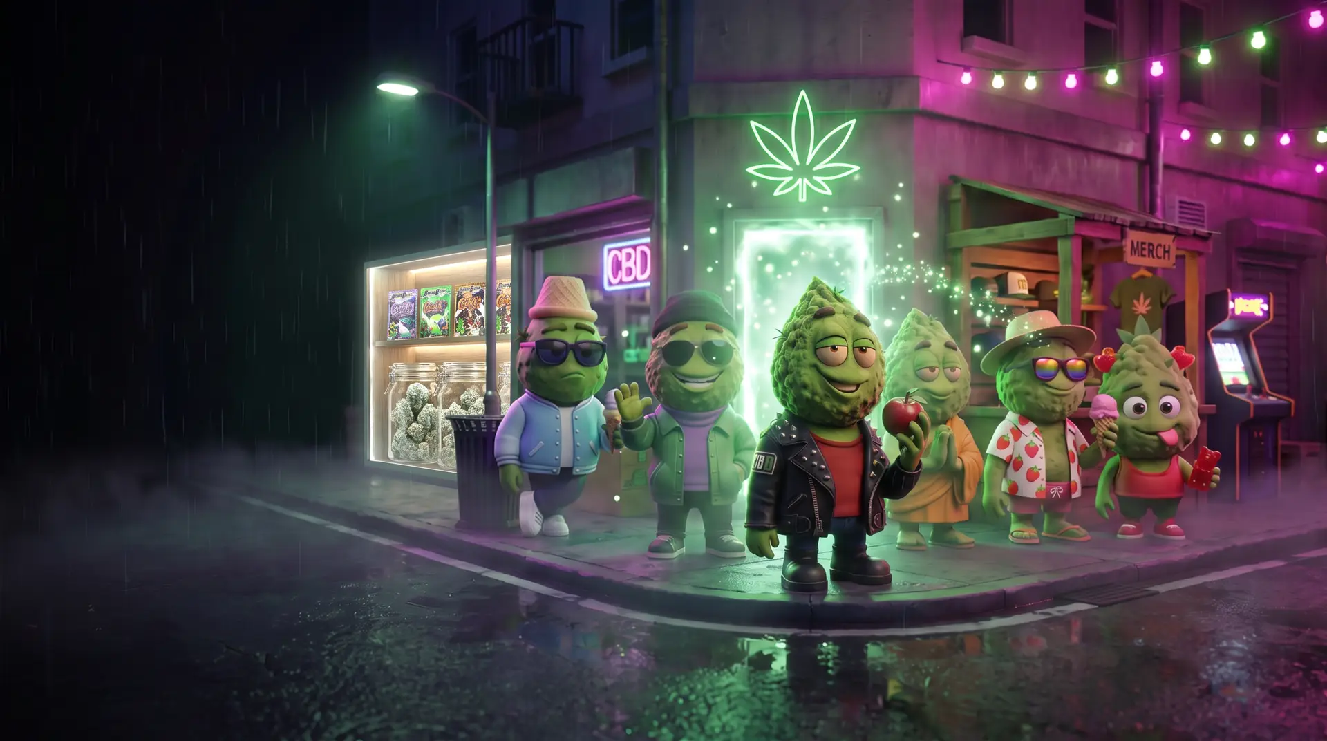 Die Cannabuben-Crew bei Nacht vor dem Cannabuben-Laden, die Tür leuchtet grün