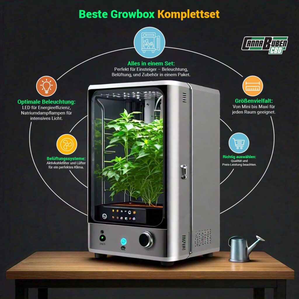 Infografik zum Growbox Komplettset: Beleuchtung, Belüftung und Set-Zubehör.