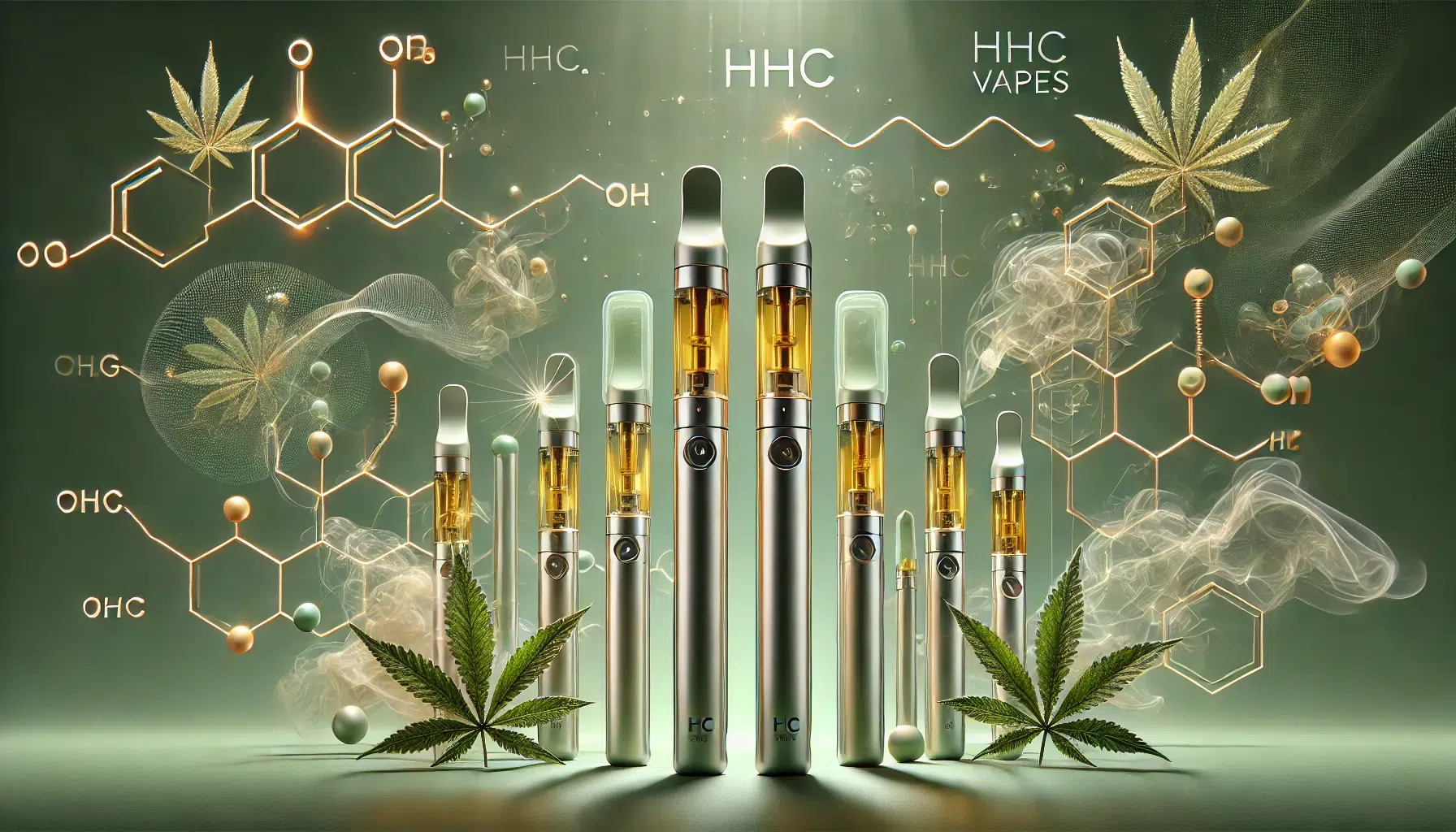 DALL&middot;E 2024-12-12 20.08.22 - A minimalist and modern artistic depiction of HHC vapes. The focus is on a sleek collection of vape pens with transparent cartridges showcasing golden